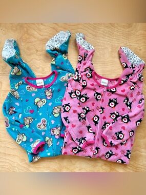 Vintage Y2K Kids Fleece Footie Pajama Bundle Monkey Penguin Sleepers
